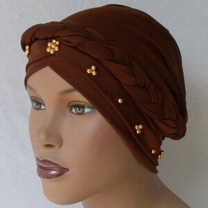 Women's Instant Turban Hijab Braid Chemo Cap Muslim Headcover Brown Bonnet